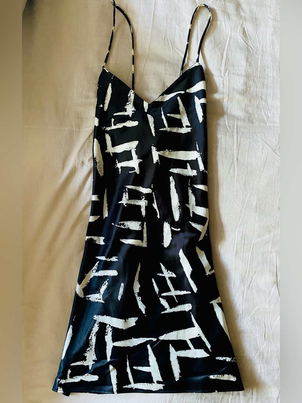 Natori Black Dress with White Abstract Brushstroke Print